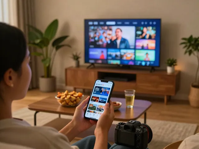 Profitez de l'application atlas pro dans un salon moderne avec un smartphone affichant des chaînes en direct.