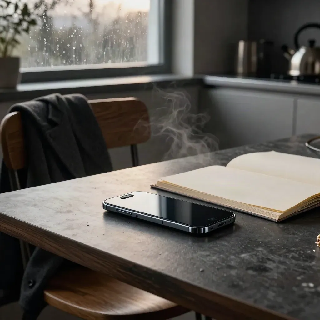 Téléphone noir vibre sur une table sombre, dossier ouvert et veste sur une chaise, à l’aube pluvieuse.