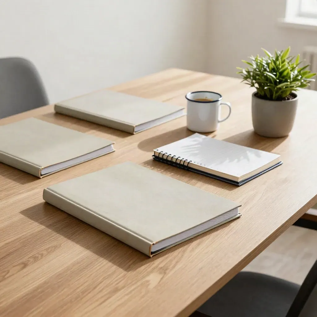Table de réunion en bois clair avec dossiers, carnet fermé, tasse émaillée et petite plante verte.