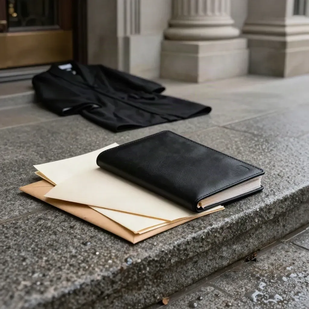Portefeuille juridique, dossiers crème et robe noire sur seuil de tribunal humide à l’aube