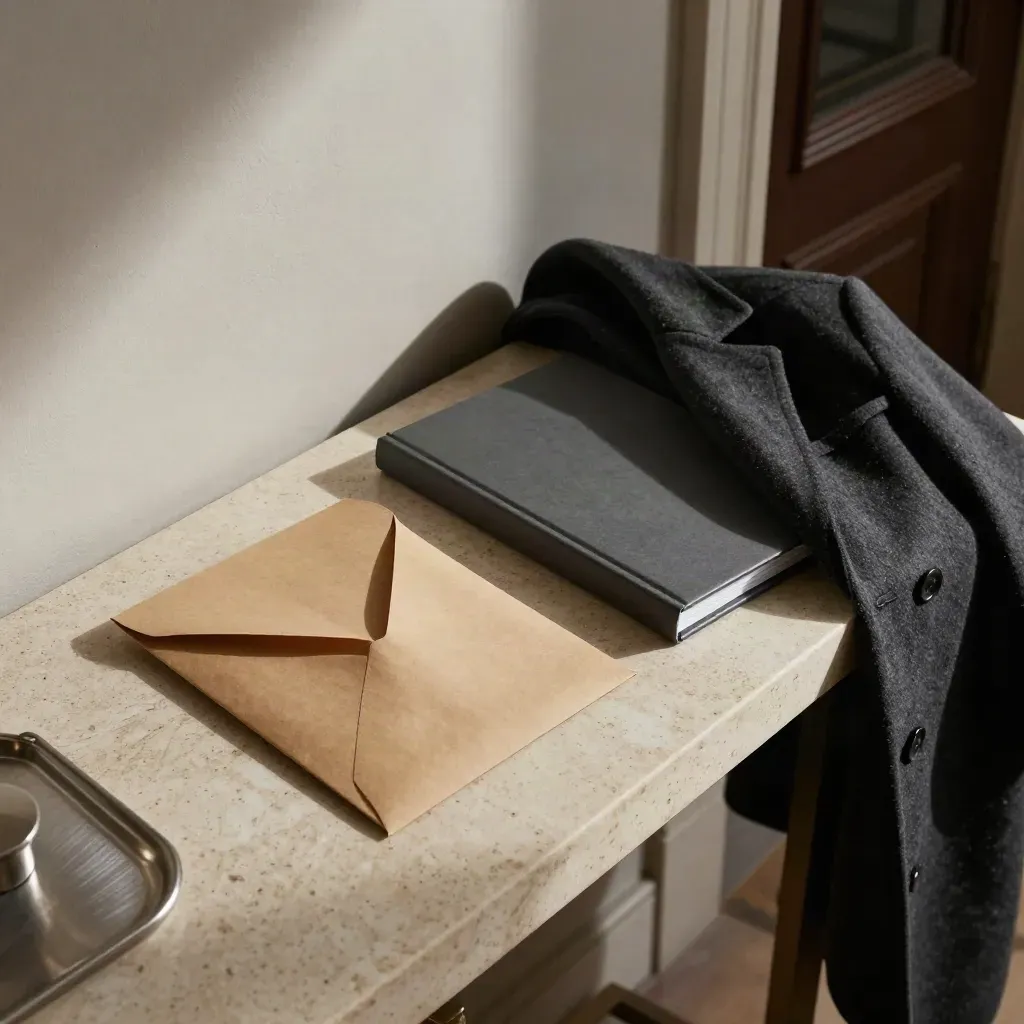 Dossier de convocation, enveloppe kraft ouverte et manteau sombre sur une console en pierre.