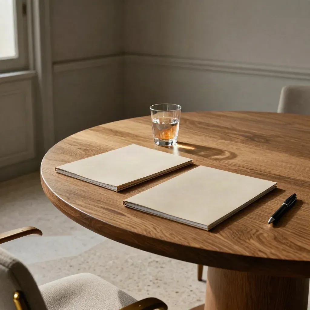 Petite salle de médiation avec table ronde en chêne, dossiers neutres, verre d’eau et stylo.