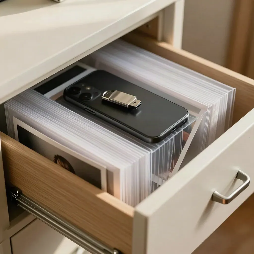 Tiroir d’archives entrouvert avec pochettes, clé USB, téléphone noir et photos retournées