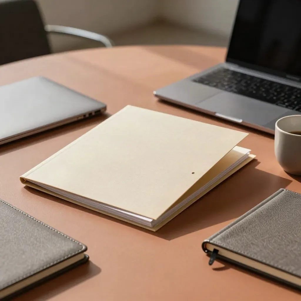 Table de réunion avec dossiers juridiques, ordinateur fermé et tasse, saisis en mouvement.