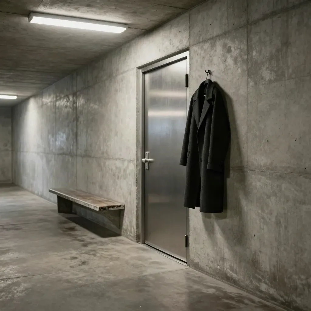Couloir de garde à vue en béton brut, porte métallique au fond, banc et manteau sombre.