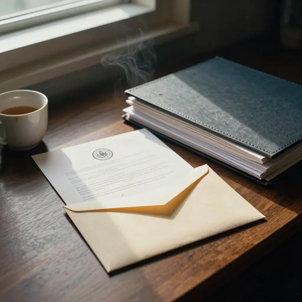 Une mise en demeure sous enveloppe, dossier et tasse oubliée dans un bureau lumineux.