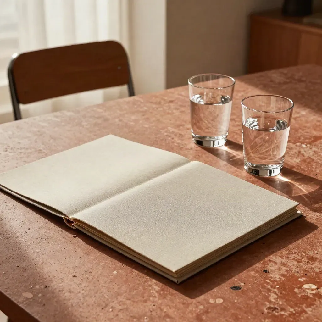 Dossiers de médiation, verres d’eau et chaise reculée sur table terracotta.
