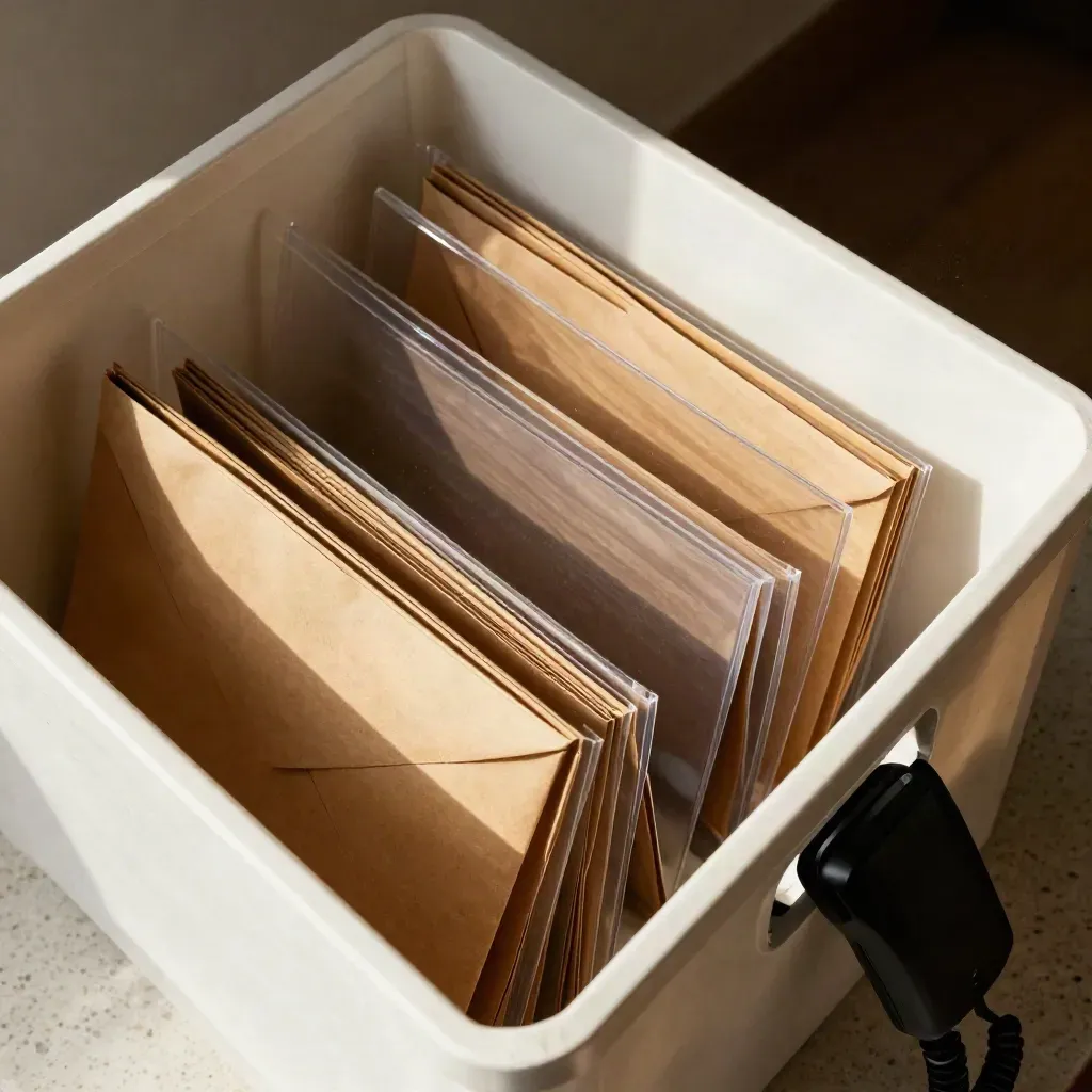 Vue zénithale d’un bac d’archives, pochettes transparentes, enveloppes kraft et téléphone noir triés