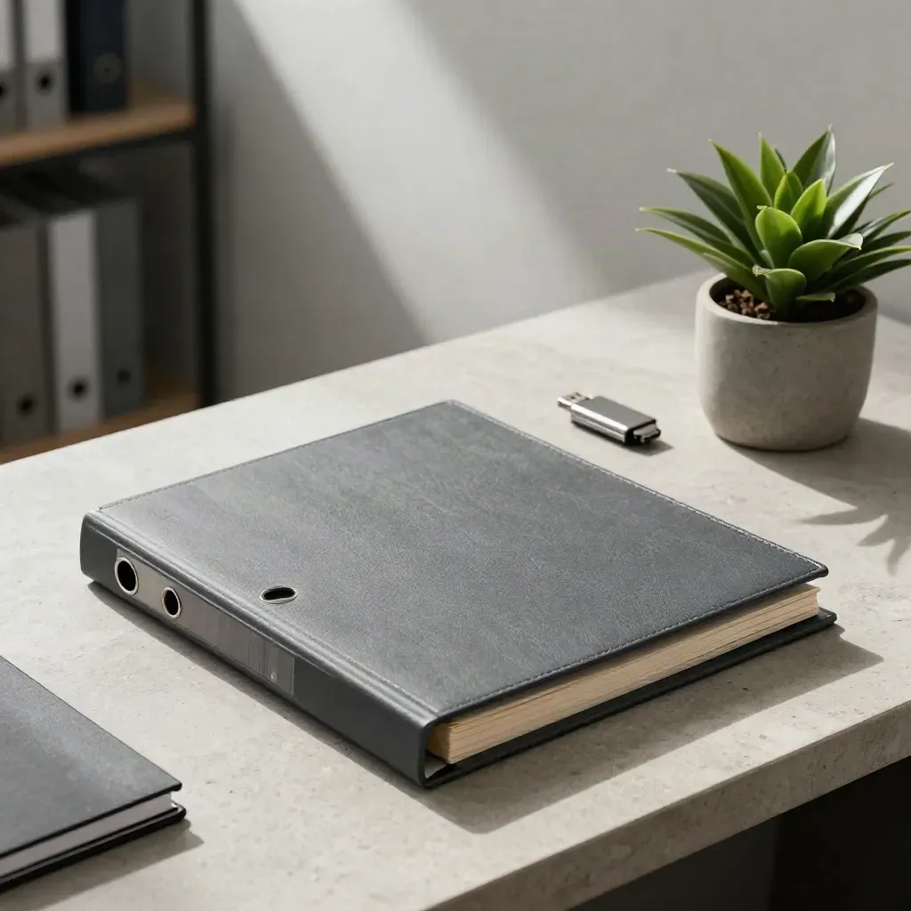 Deux dossiers, un carnet fermé, une clé USB et une plante sur un plan de travail lumineux.