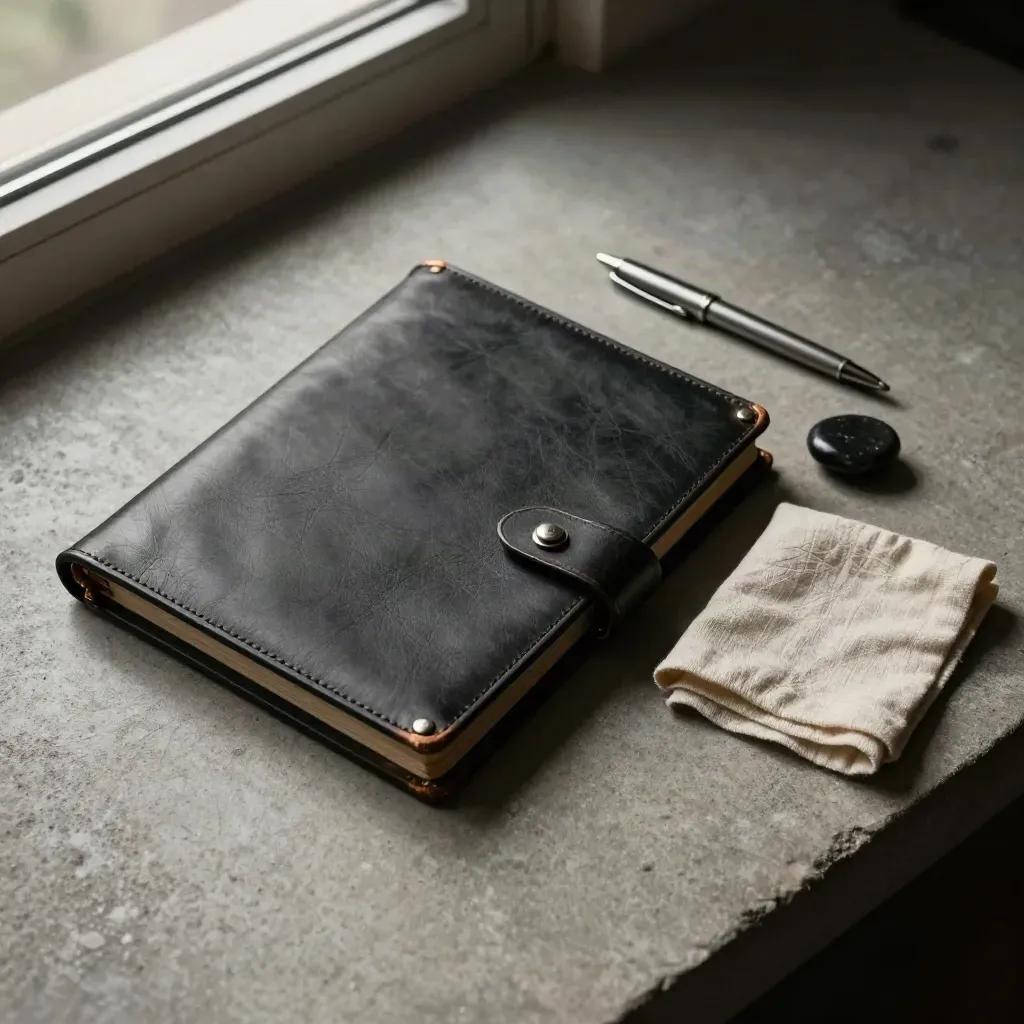 Dossier de défense en cuir noir avec stylo, galet sombre et lin froissé sur béton