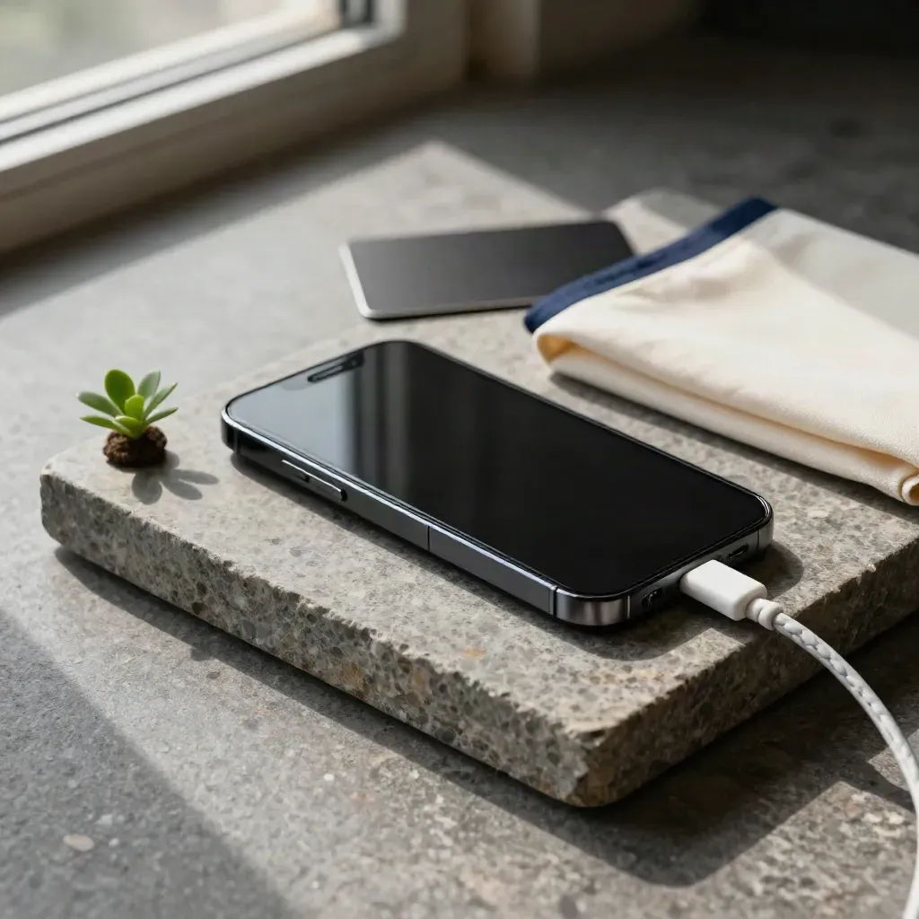 Téléphone noir dans un petit plateau en grès, câble clair, feuille pliée et mini plante.