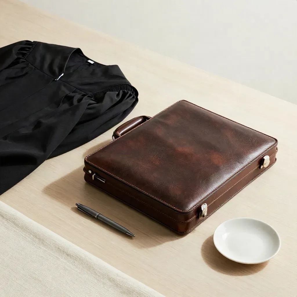 Robe noire pliée, cartable en cuir et stylo sur bois clair, lumière douce