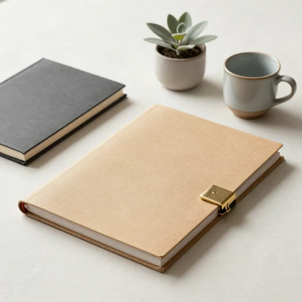 Chemise kraft, carnet fermé, tasse en grès et petite plante sur fond clair.